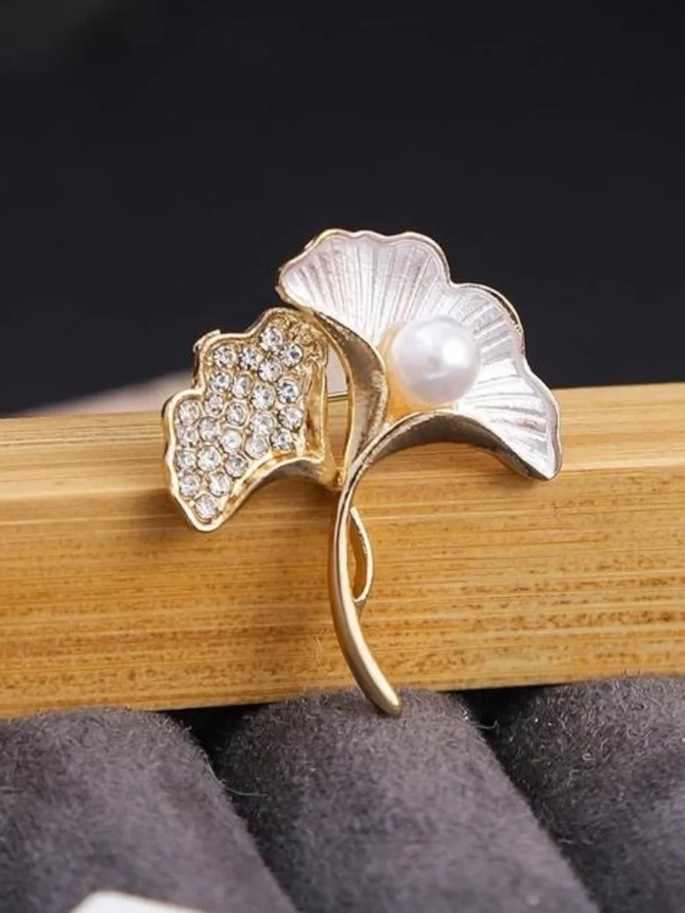 Anthropologie Gold and White Pearl Leaf Brooch with Crystals